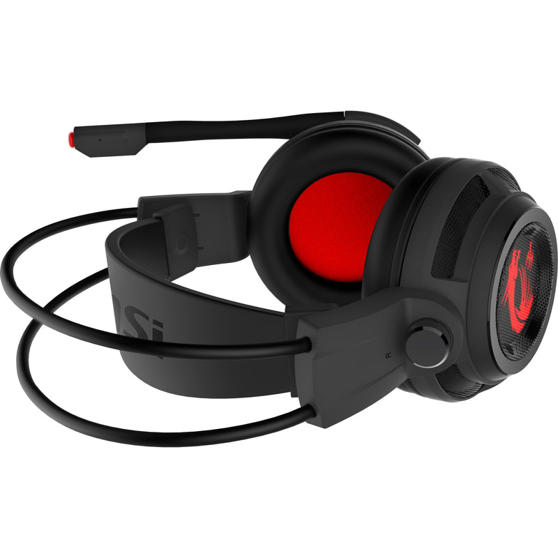 Angled view of MSI DS502 gaming headset showing red cushioning and design elements