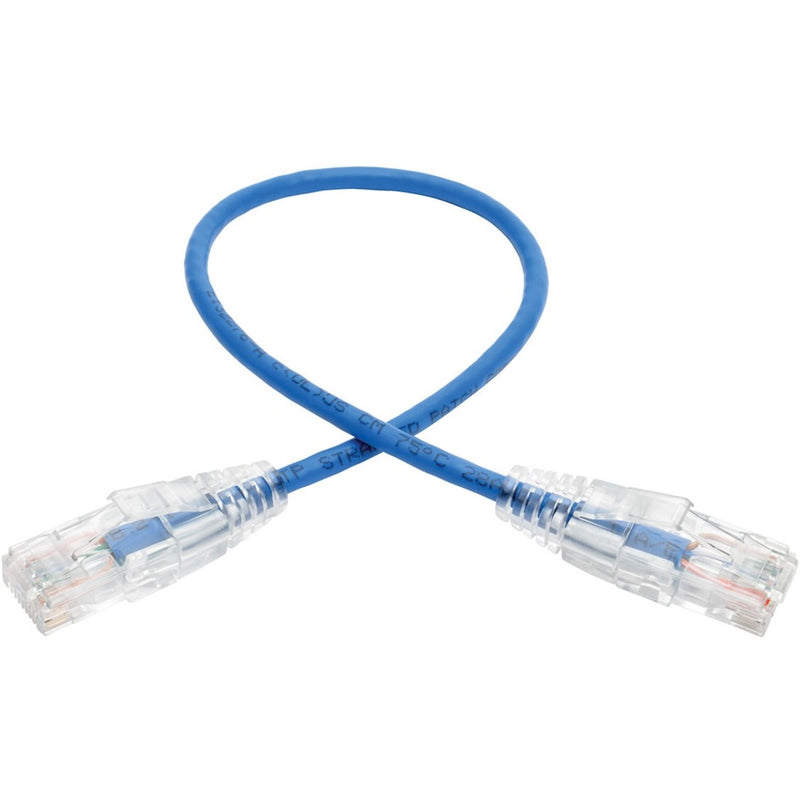 Full length view of slim blue Cat6 cable showing flexible design and reduced diameter