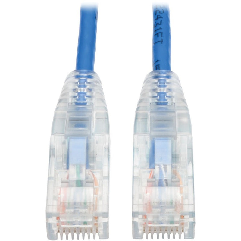 Close-up view of transparent RJ45 connectors on Tripp Lite Cat6 cable showing internal wiring and snagless design