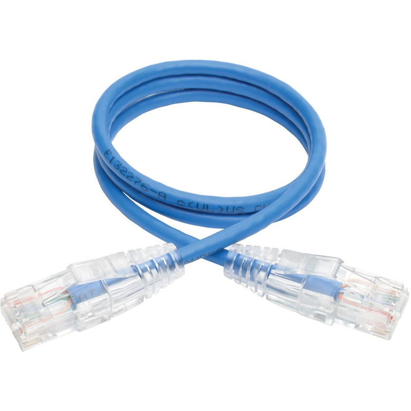 Full view of blue slim Cat6 patch cable with clear RJ45 connectors showing flexible design