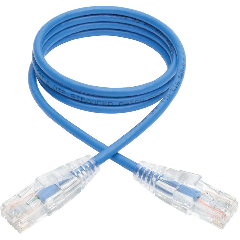 Full length view of blue Tripp Lite Cat6 patch cable showing flexibility and clear connectors