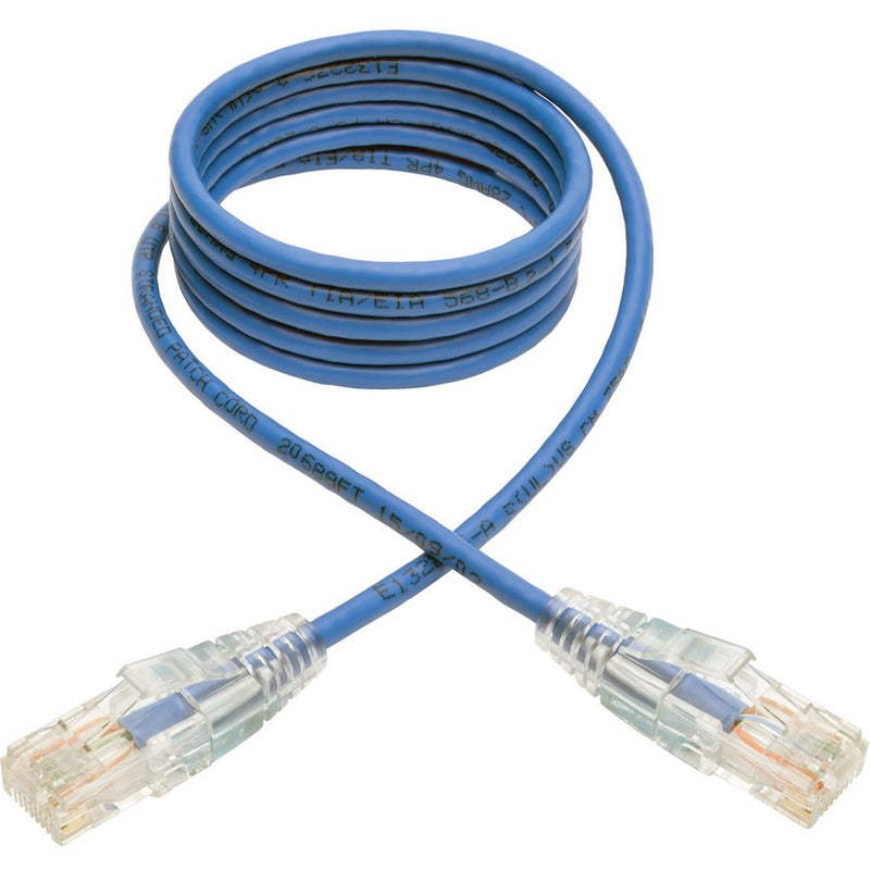 Full length view of coiled blue slim Cat6 cable showing flexibility and compact design