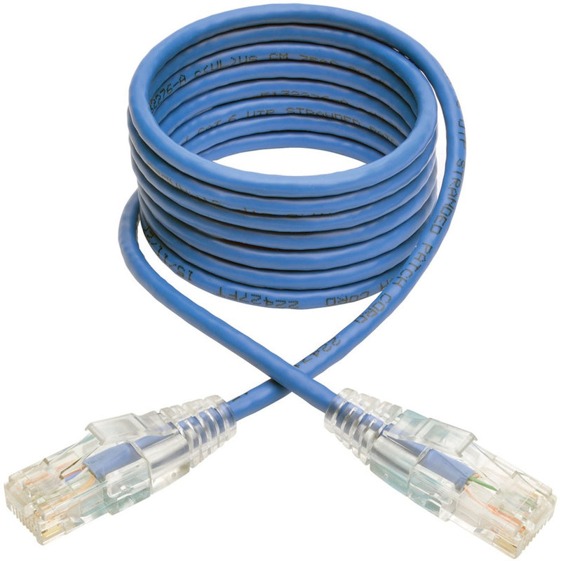 Blue Cat6 ethernet patch cable coiled to show flexibility with clear RJ45 connectors at both ends