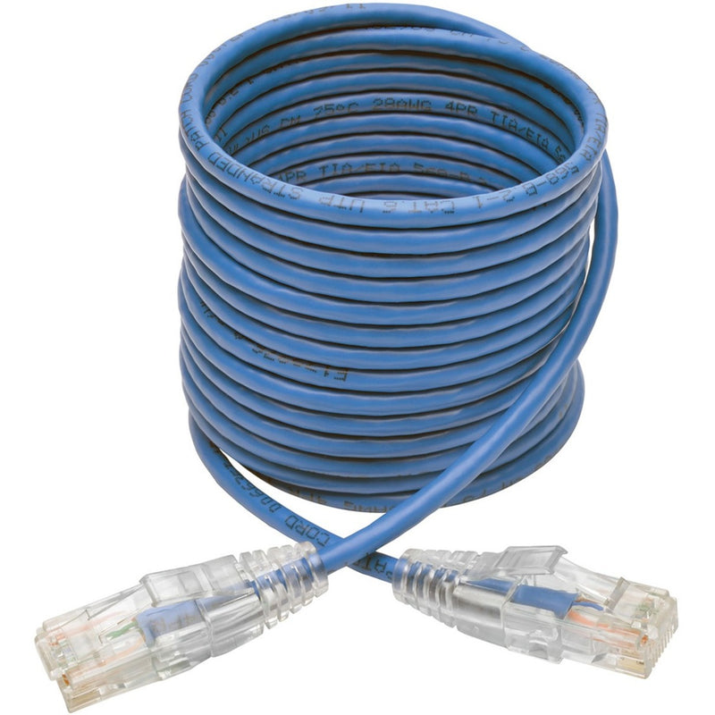 Coiled blue Tripp Lite Cat6 cable showing flexibility with transparent RJ45 connectors