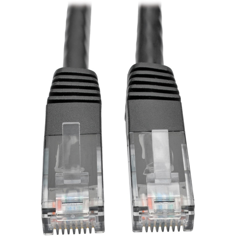 Close-up view of two RJ45 connectors with transparent housing and gold-plated contacts on Tripp Lite Cat6 cable