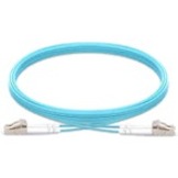 Aqua-colored fiber optic duplex cable with LC connectors on both ends for 40G network connectivity