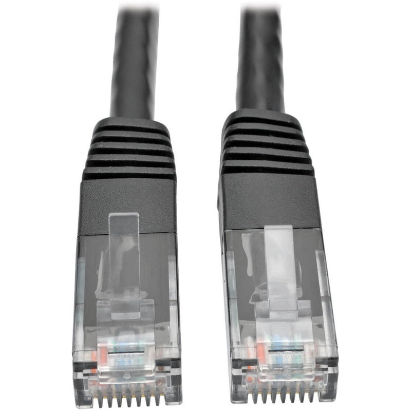 Close-up view of two transparent RJ45 connectors showing gold-plated contacts and black strain relief on Cat6 cable