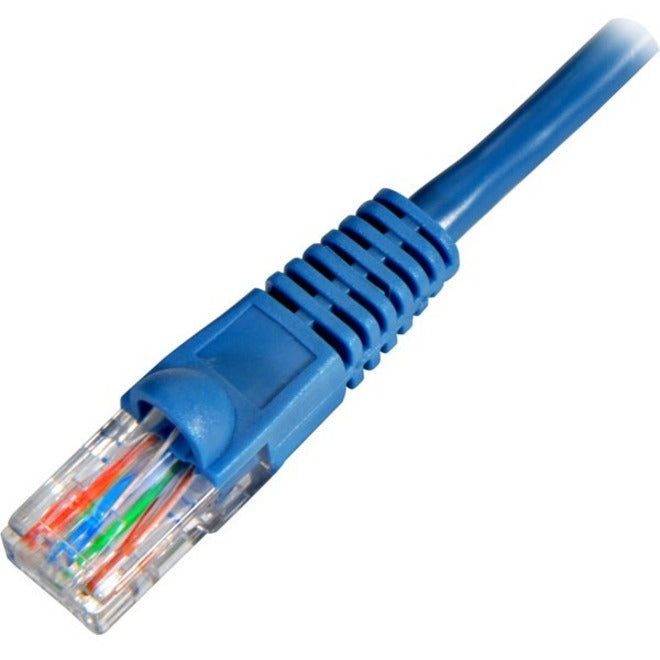 Close-up view of Cat6 network cable RJ-45 connector showing strain relief boot and internal wiring