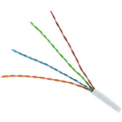 Close-up view of Genesis Cat6 cable showing four color-coded twisted pairs emerging from white PVC jacket