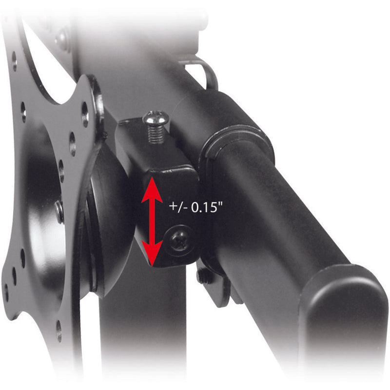 Close-up of monitor mount height adjustment mechanism showing ±0.15 inch range