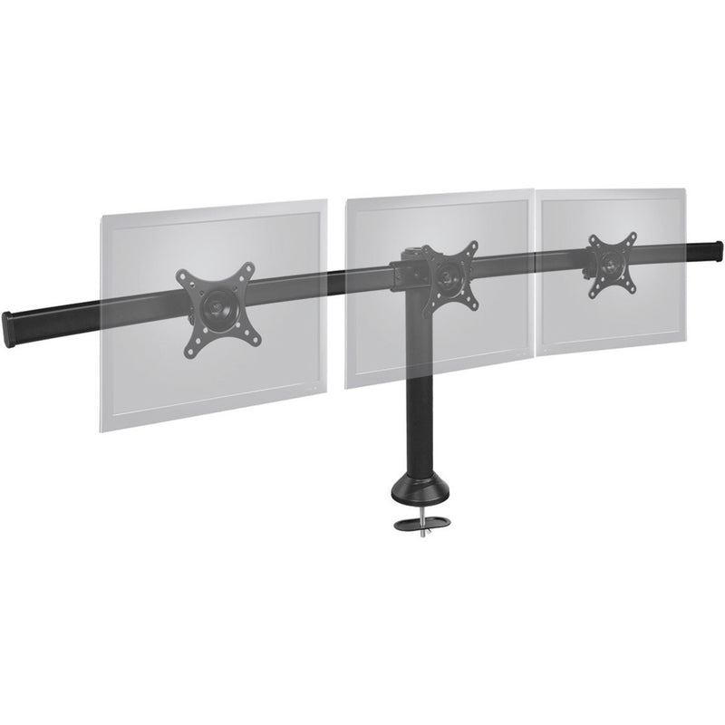 Three monitors mounted horizontally on SIIG triple monitor stand