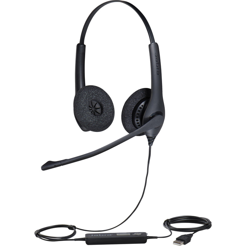 Side view of Jabra BIZ 1500 USB headset showing adjustable boom microphone, foam ear cushions, and USB controller