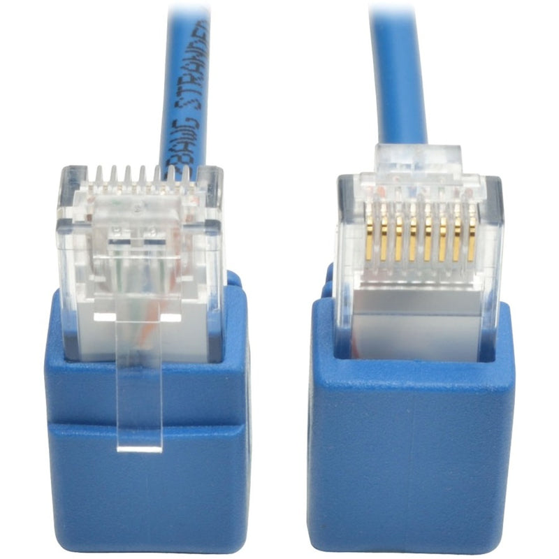 Close-up view of right-angle RJ45 connectors on blue Cat6 network cable showing snagless boots and gold-plated contacts