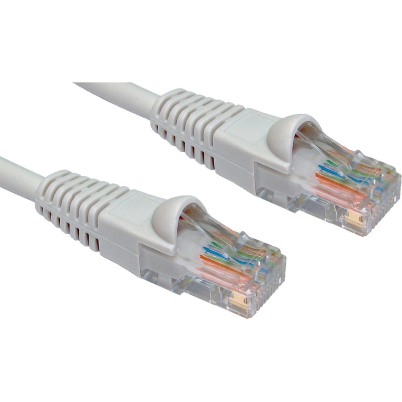 Close-up view of gold-plated RJ-45 connectors with strain relief boots on W Box Cat.5e network cable