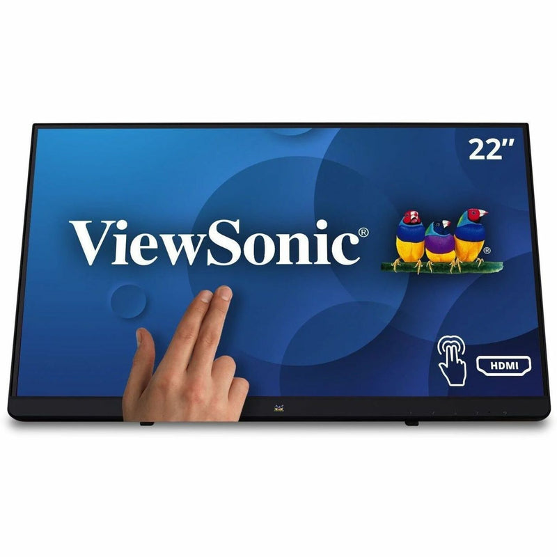 ViewSonic TD2230 touchscreen monitor displaying blue background with touch gesture demonstration