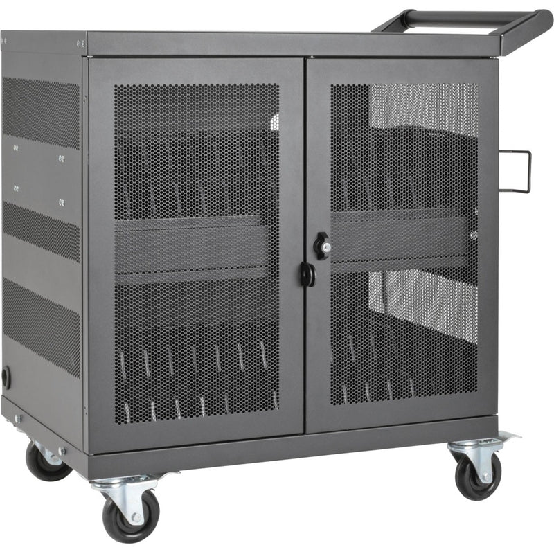 Side view of Tripp Lite charging cart showing ventilated panels and heavy-duty caster wheels