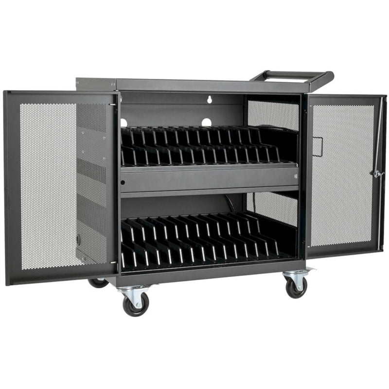 Interior view of Tripp Lite CSC32USB charging cart showing dual-level device storage compartments with dividers and ventilated doors