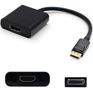 Black DisplayPort to HDMI adapter showing male DisplayPort connector and female HDMI port with cable