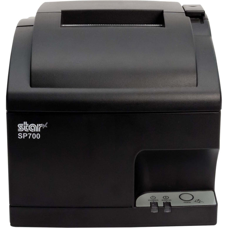 Front view of Star Micronics SP742ME impact printer showing control panel and paper output slot