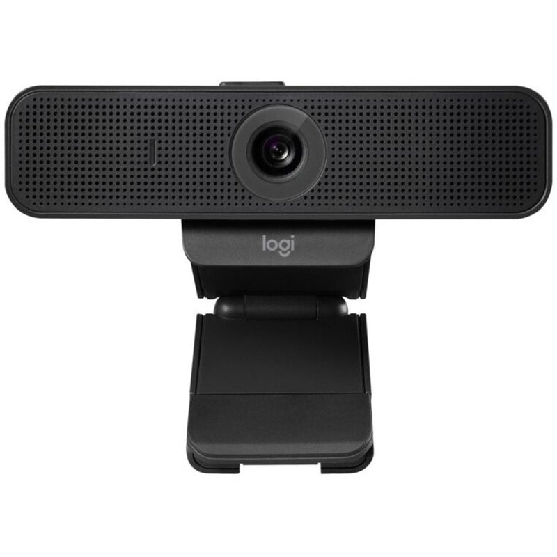 Logitech C925e webcam front view with adjustable mounting clip displayed