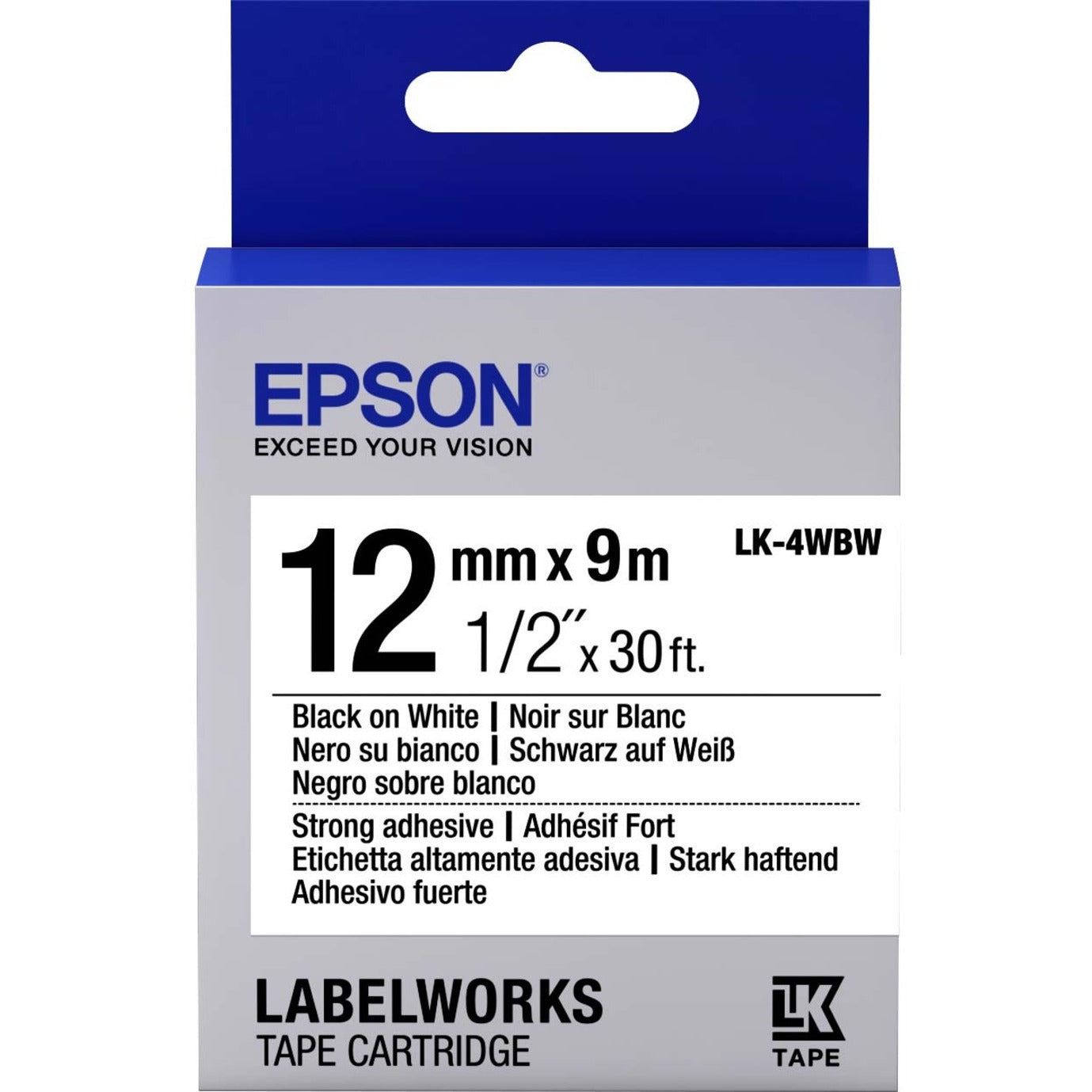 Epson LK-4WBW LabelWorks Strong Adhesive Tape Cartridge ~1/2" Black on White, Easy Peel, Durable