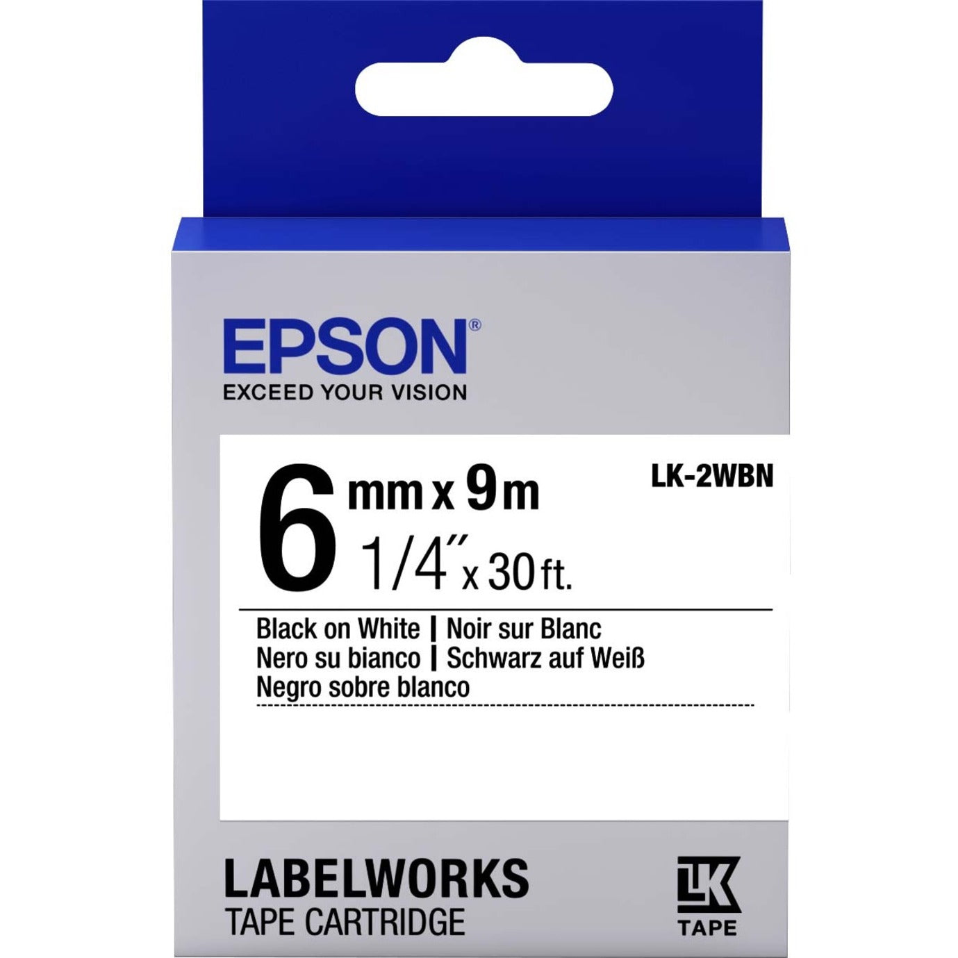 Epson LK-2WBN LabelWorks Standard Tape Cartridge ~1/4" Black on White, Durable, Easy Peel