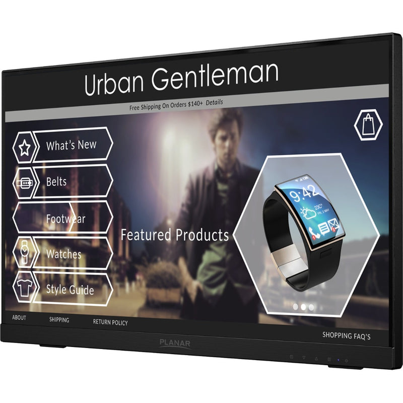 Planar PCT2235 touchscreen monitor displaying an e-commerce website interface with menu navigation and product showcase