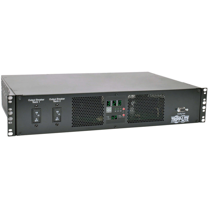 Front view of Tripp Lite PDUMH32HVAT PDU showing dual output breaker banks, digital display, and cooling vents