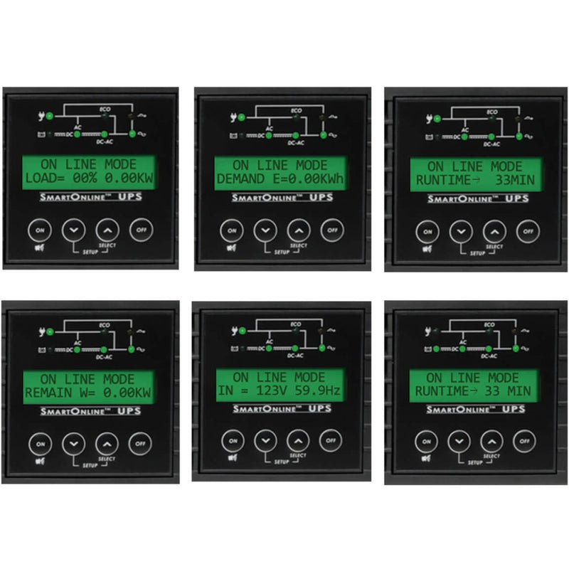 Close-up of LCD display screens showing various UPS monitoring parameters