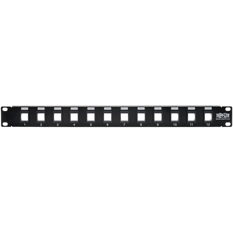 Horizontal view of 12-port keystone patch panel showing mounting brackets and port spacing