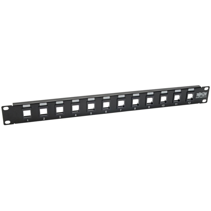 Front view of black 12-port 1U rack-mount patch panel with numbered ports