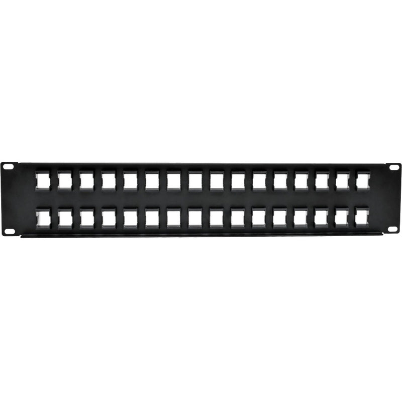 Direct front view of empty 32-port patch panel showing clean design and port layout