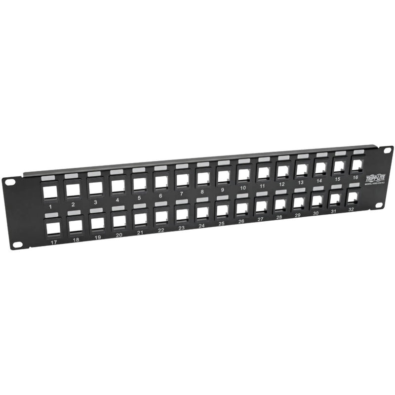 Front view of 32-port black rack-mount patch panel with numbered keystone slots in two rows