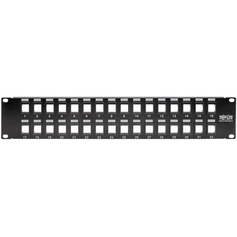 Angled view of 32-port patch panel showing dual-row port configuration and mounting brackets