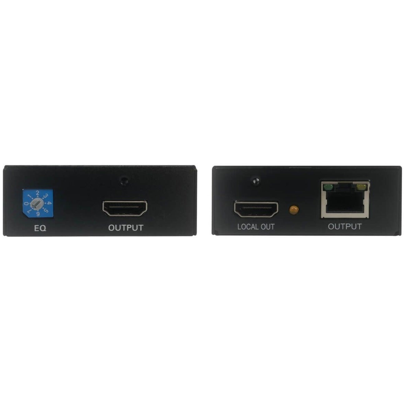 Detailed view of output ports on Tripp Lite B126-1A1-POC HDMI extender showing EQ control and HDMI outputs-alternate-image3