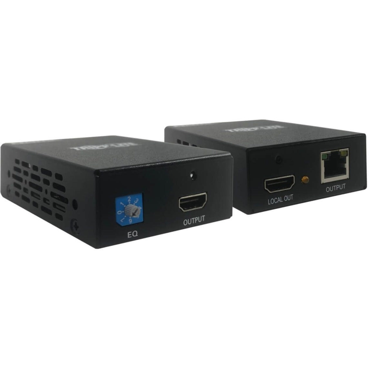 Side view of Tripp Lite B126-1A1-POC HDMI extender transmitter and receiver units showing HDMI ports and EQ control-alternate-image1