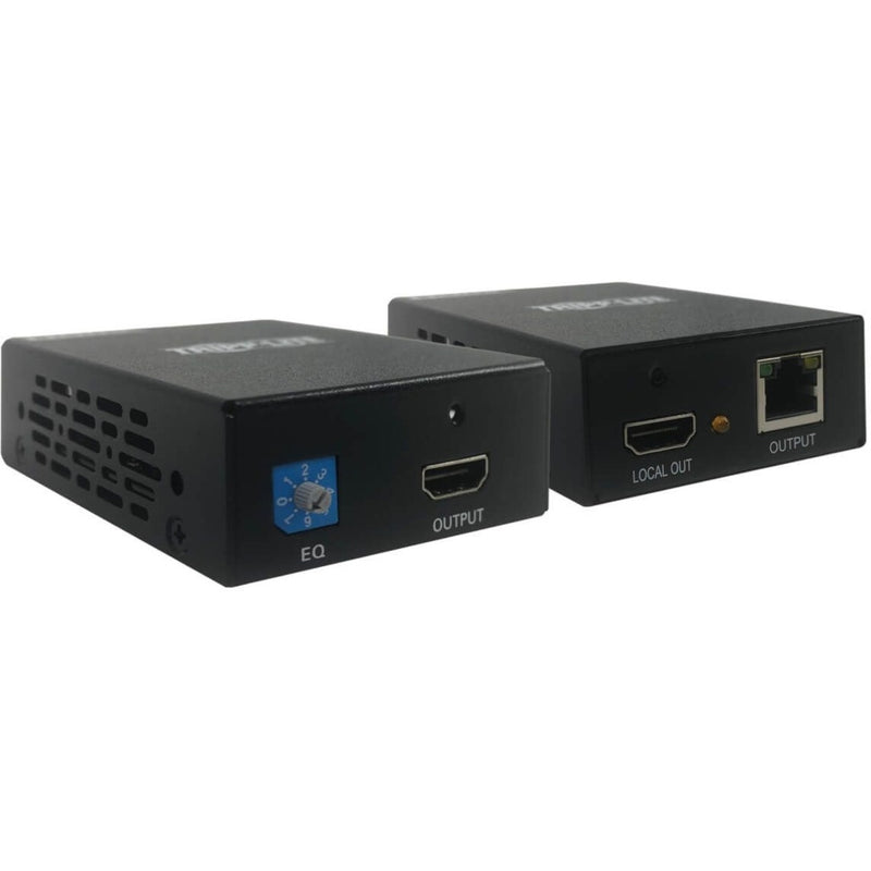 Side view of Tripp Lite B126-1A1-POC HDMI extender transmitter and receiver units showing HDMI ports and EQ control