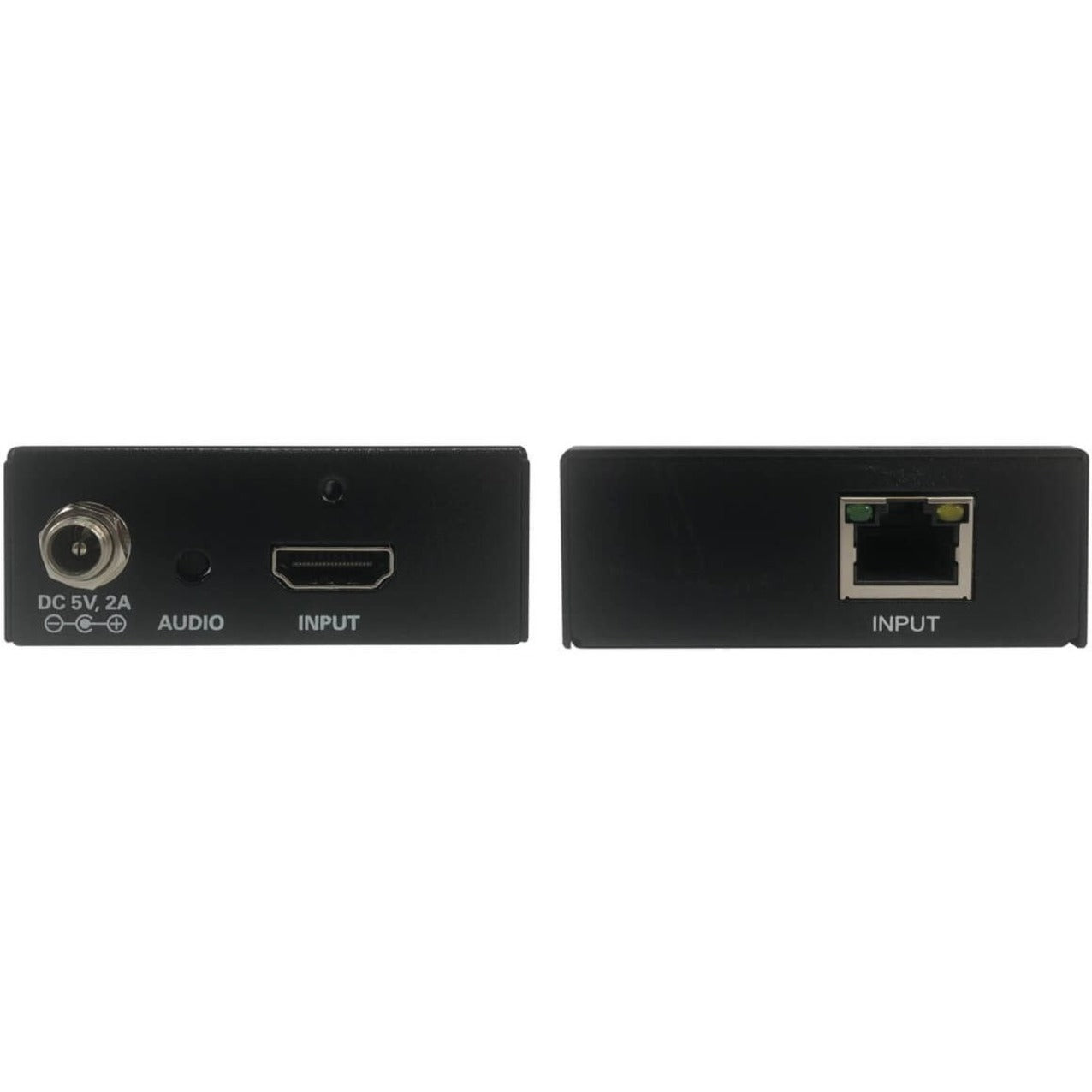 Close-up of input and output ports on Tripp Lite B126-1A1-POC HDMI extender including power, audio, HDMI, and network connections-alternate-image2