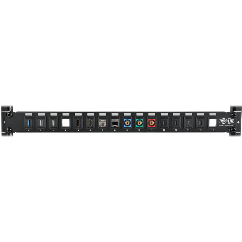 Patch panel populated with various keystone jacks showing multiple connection types