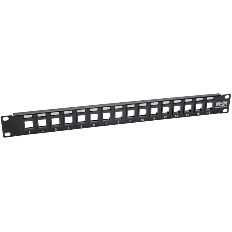 Front view of Tripp Lite 16-port blank keystone patch panel showing numbered port layout