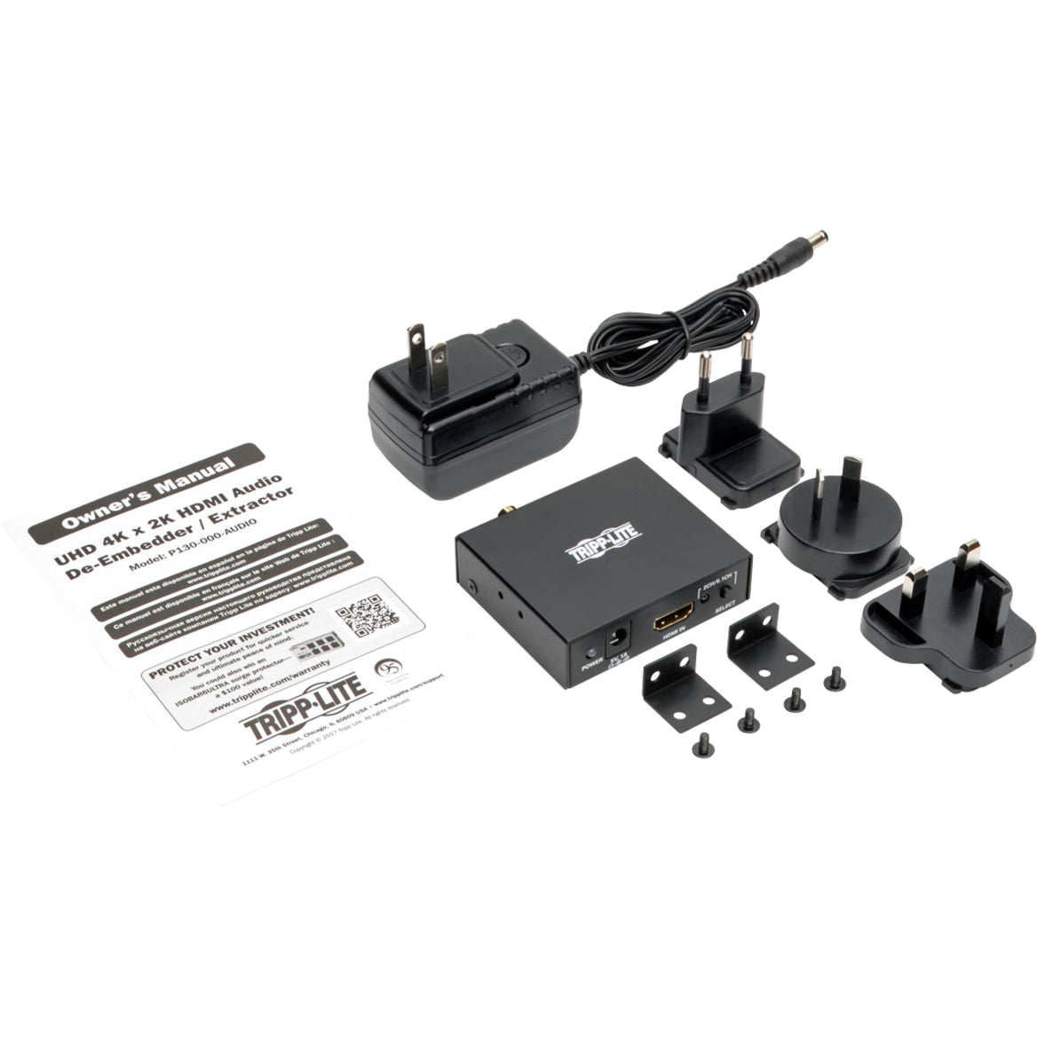 Complete package contents including HDMI Audio Extractor, power adapters, mounting hardware, and manual-alternate-image4