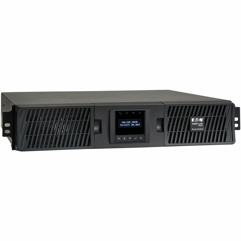 Angled view of Tripp Lite SUINT1500LCD2U UPS showing 2U rack mount design