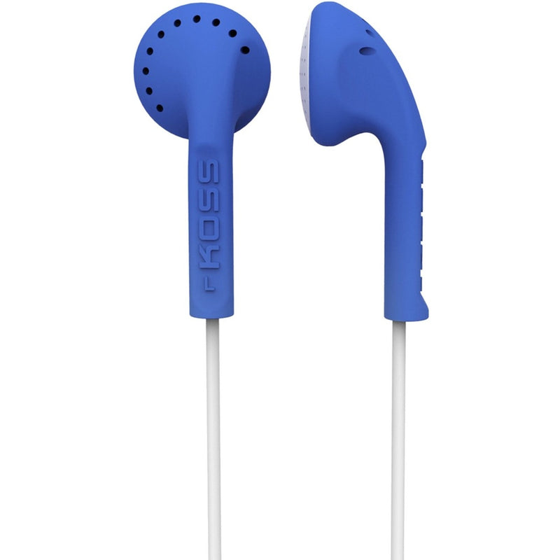 Koss KE10 earbuds in bright blue color with white cable, showing front and side view of the ergonomic earbud design