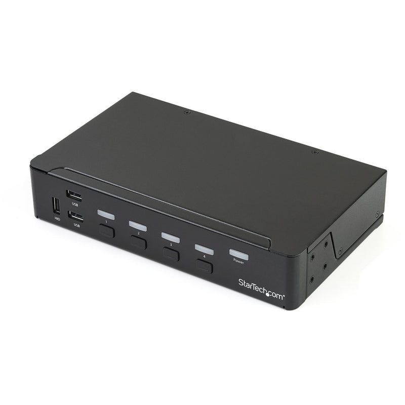 Front view of StarTech.com 4-port DisplayPort KVM switch showing control buttons and USB ports