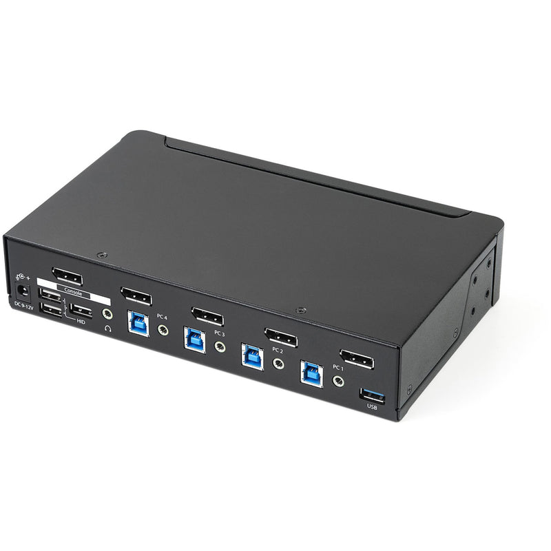 Rear view of KVM switch showing DisplayPort, USB, and audio connections