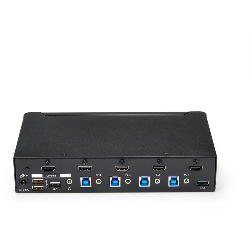 Detailed view of KVM switch rear ports showing HDMI, USB, and audio connections