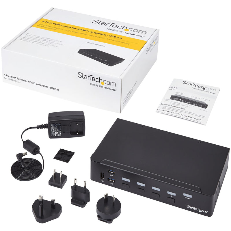 Complete package contents of StarTech.com KVM switch including power adapters and accessories