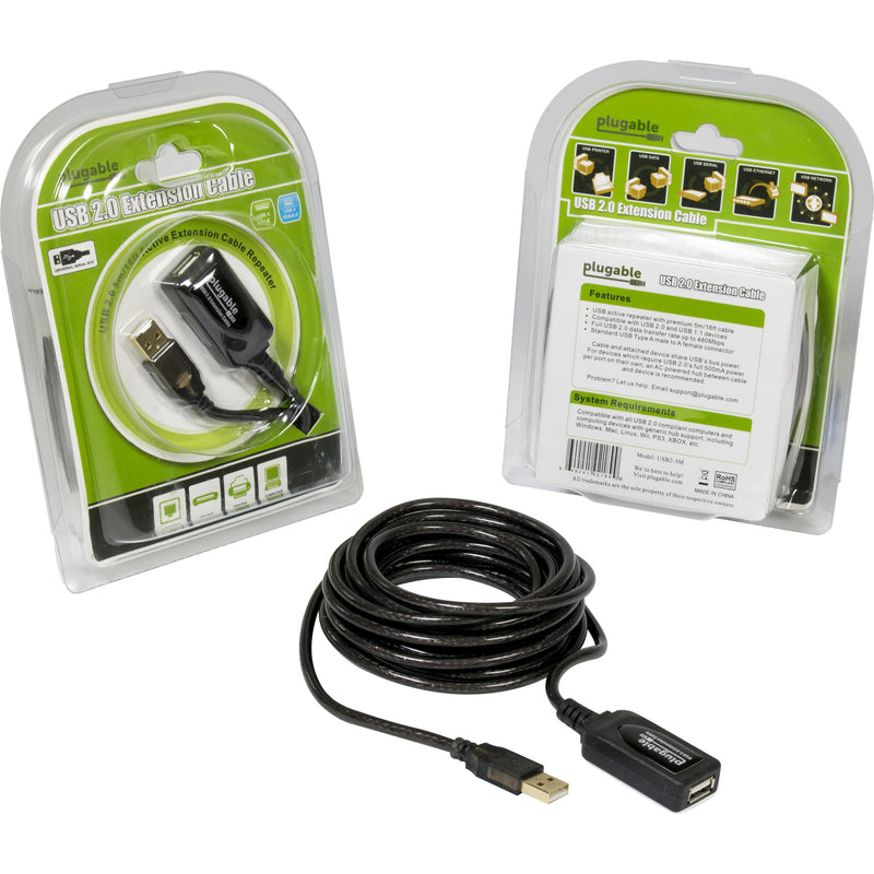 Plugable USB 2.0 extension cable retail packaging showing product features and specifications with cable displayed