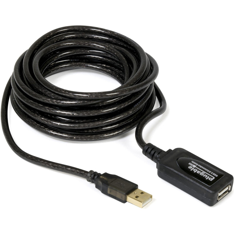 Plugable USB 2.0 active extension cable with signal booster showing 16-foot black shielded cable with USB Type-A connections