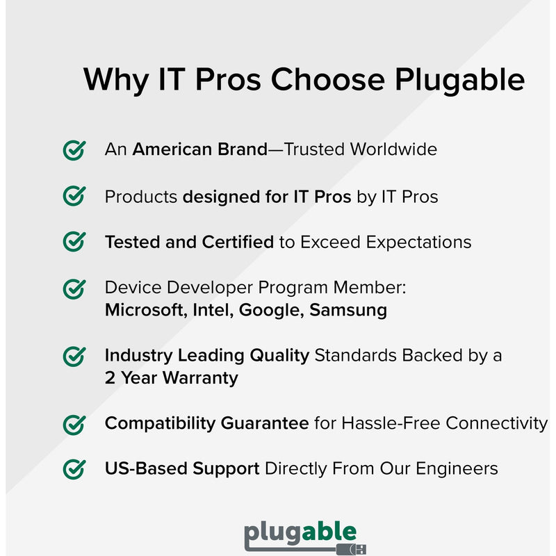 Infographic showing Plugable's professional credentials including certifications, partnerships, and quality guarantees